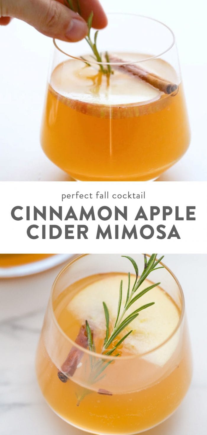 Apple cider mimosa cocktail made with cinnamon whiskey.
