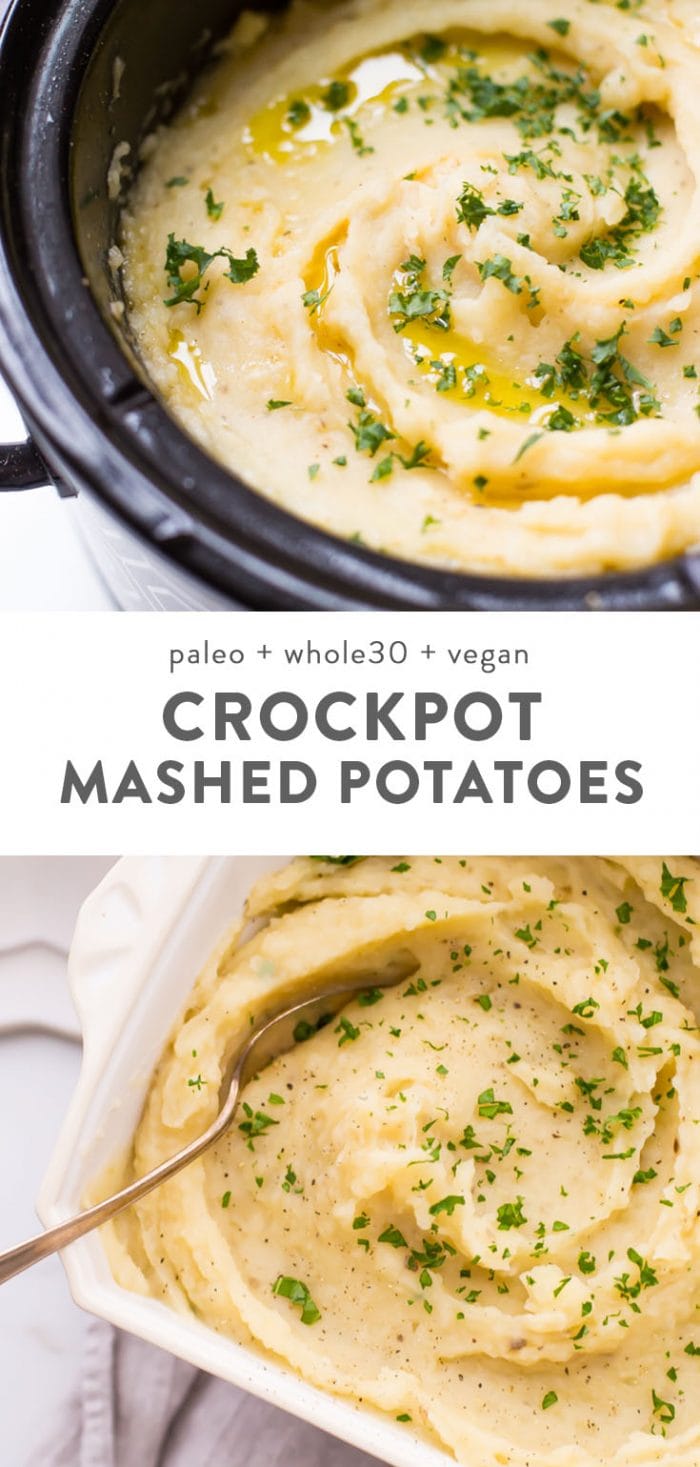 Vegan mashed potatoes in a crockpot, and whole30 crockpot mashed potatoes in a serving dish.