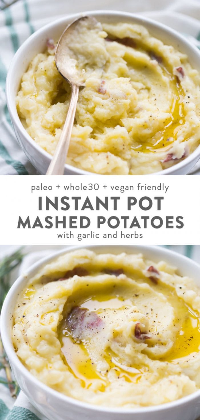 Paleo and whole30 instant pot mashed potaotes drizzled with ghee in a serving dish with a silver spoon.