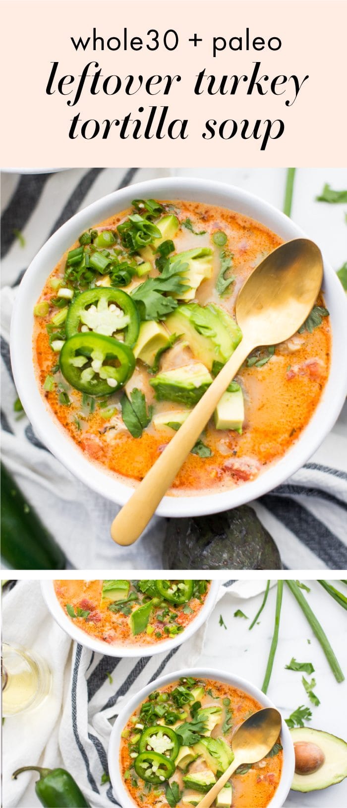 This leftover turkey tortilla soup is made from leftover turkey and is so quick and easy! It's full of flavor, and as a Whole30 tortilla soup, it's healthy, too. You'll love how delicious this leftover turkey tortilla soup is and how healthy this Whole30 tortilla soup makes you feel after a couple days of indulgence! My favorite leftover turkey recipe.