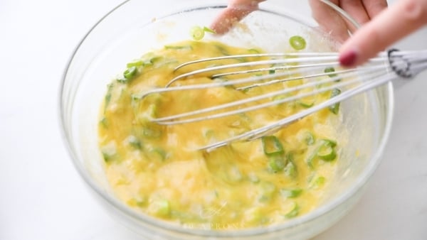 Whisk together eggs, cream, green onions, and seasonings