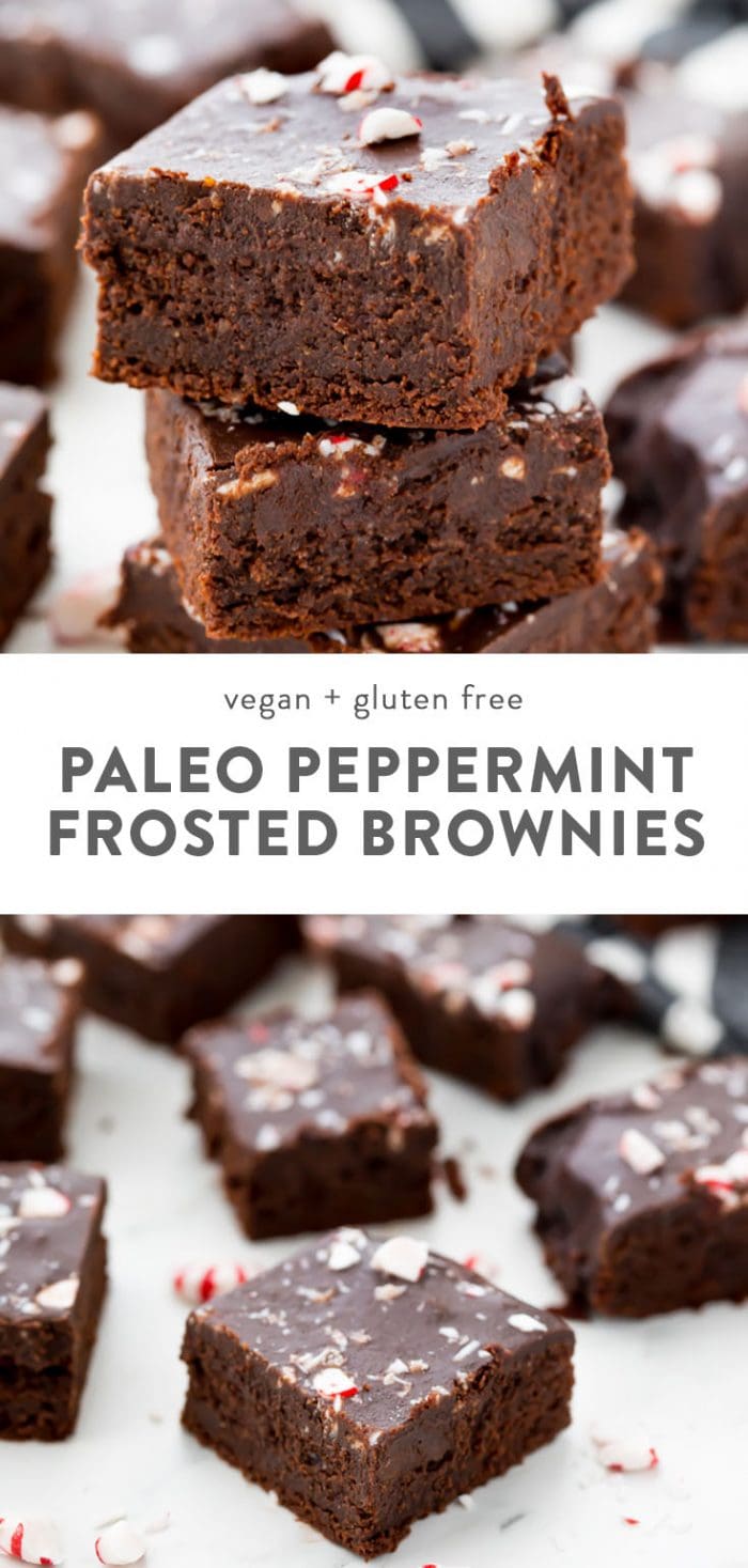 A stack of paleo peppermint brownies, and vegan paleo peppermint brownies on a table.