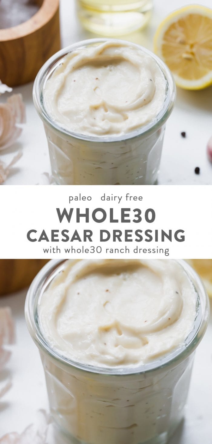 Whole30 Caesar dressing in a jar with lemons, garlic, peppercorns, and light tasting olive oil in a bottle