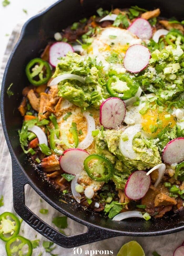 Whole30 chilaquiles with carnitas and sweet potatoes