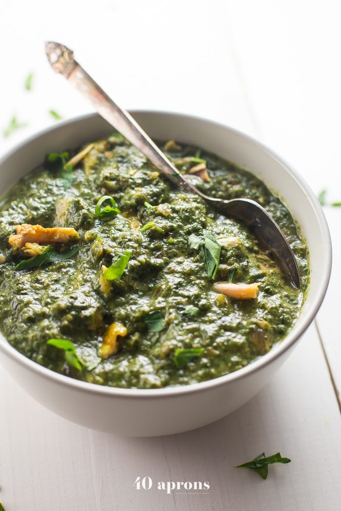 Whole30 Indian saag chicken in a white bowl