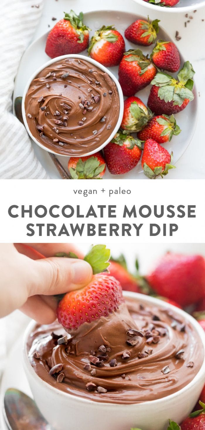 Paleo chocolate mouse dip in a white bowl surrounded by fresh strawberries, and a woman dipping a strawberry into vegan chocolate mousse dip.