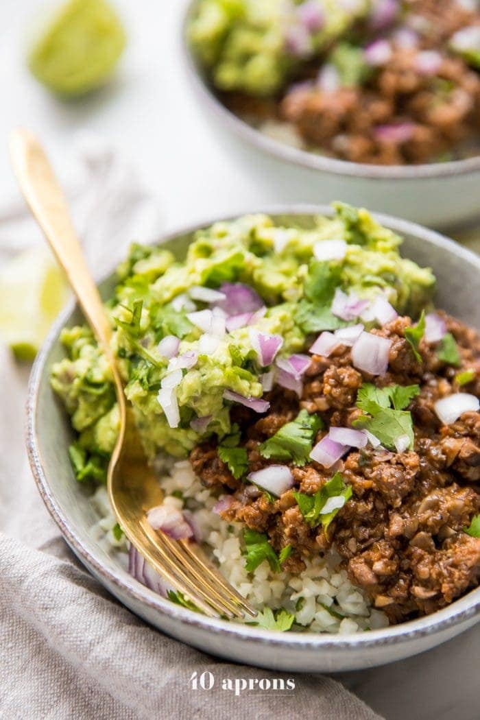 Whole30 chipotle beef & avocado bowl over cilantro-lime cauliflower rice