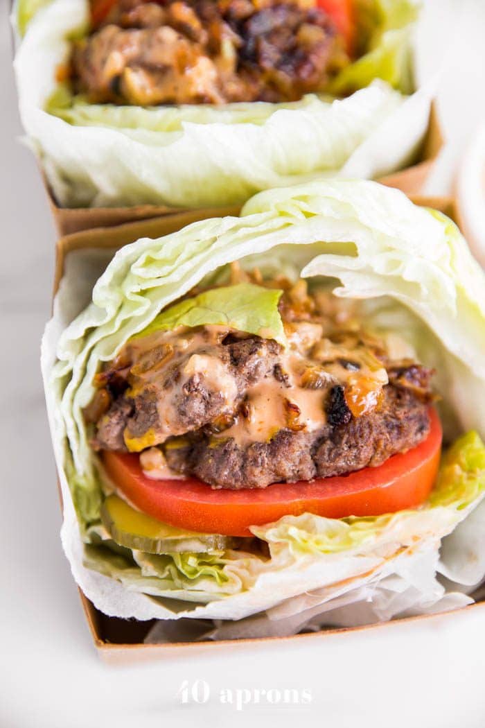 Whole30 In N Out double double animal style burgers in lettuce buns