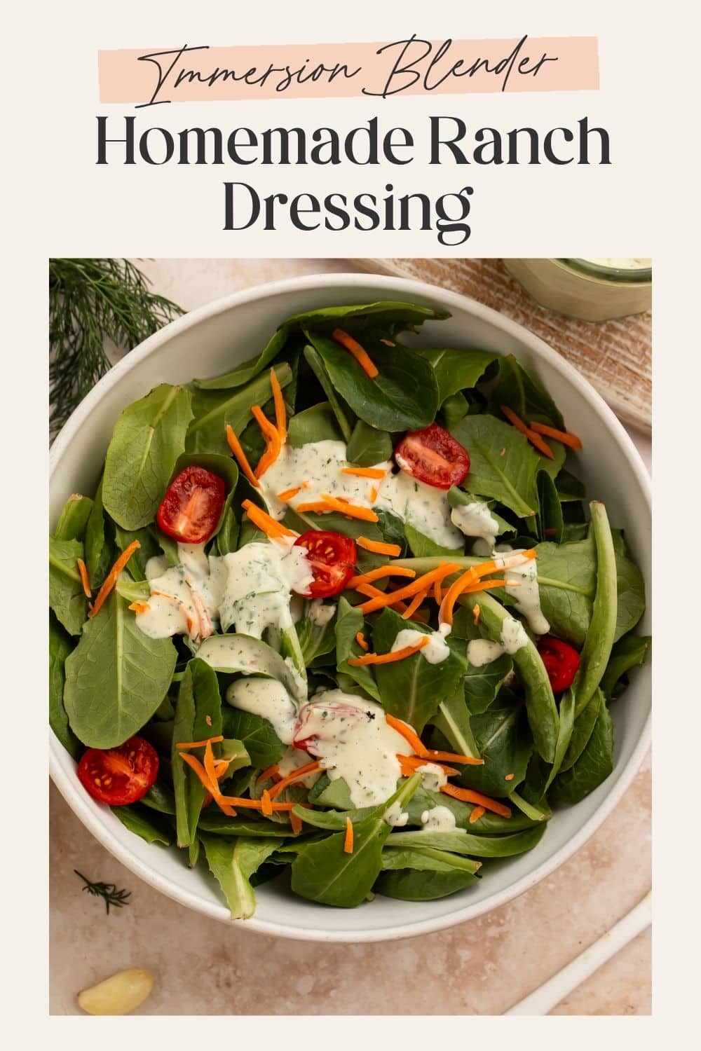 Pinterest pin showing overhead view of spinach salad with cherry tomatoes, carrots, and ranch dressing