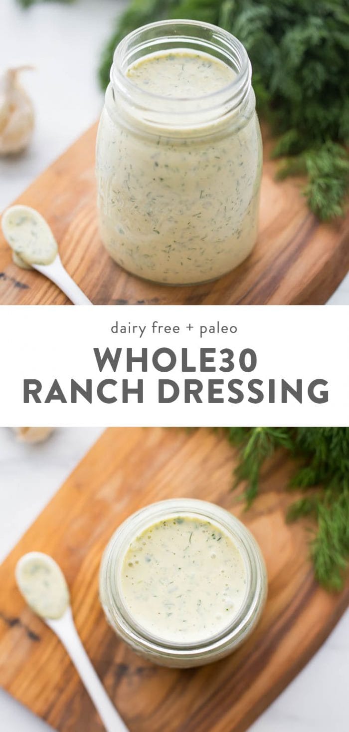 Whole30 and vegan ranch dressing (dump ranch) in a glass jar on a cutting board with a side of fresh dill.
