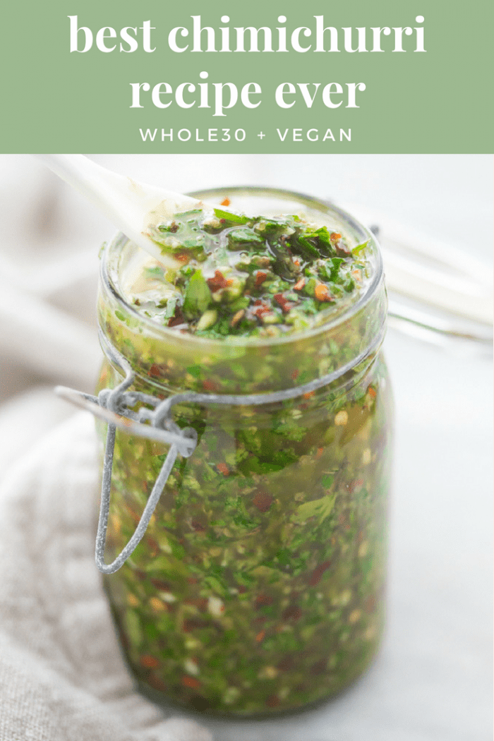A jar of the best chimichurri sauce recipe with a text overlay