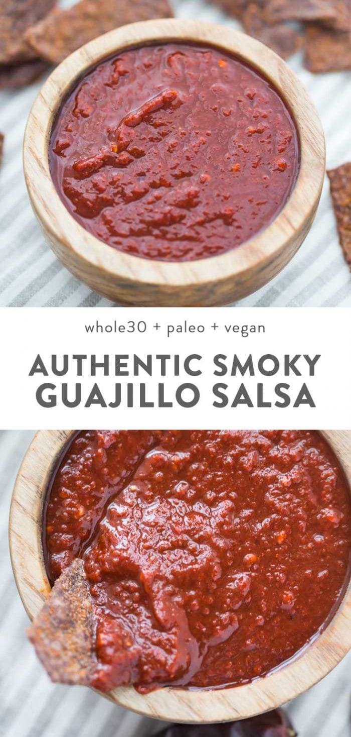 Vegan and Whole30 guajillo salsa in a small wood bowl surrounded with tortilla chips.