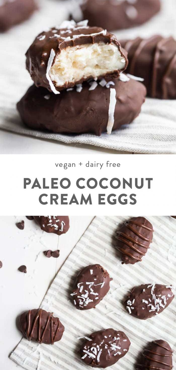 Paleo coconut cream eggs drizzled with chocolate on a marble table.