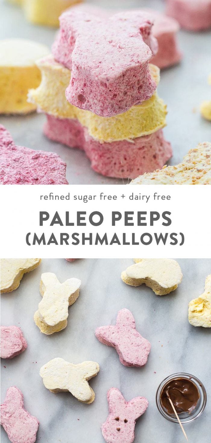 Paleo peeps marshmallows on a marble table.