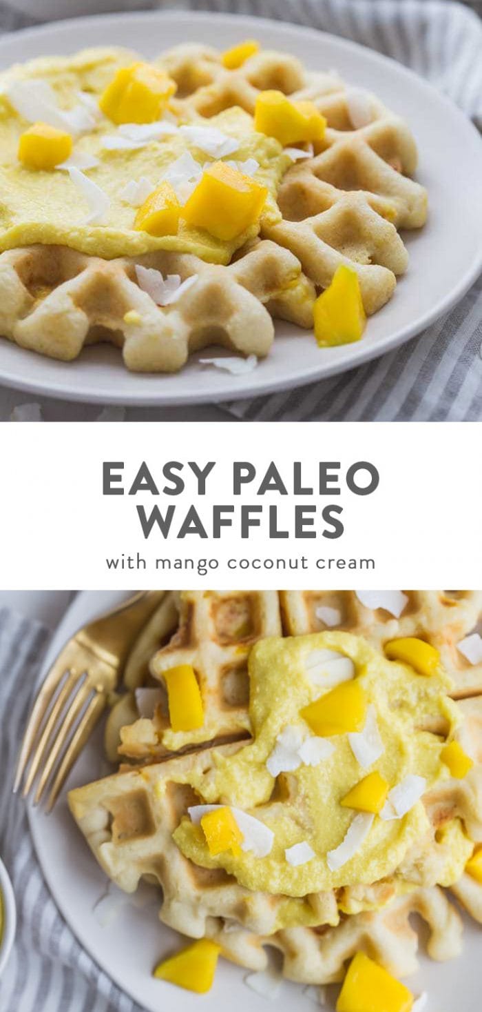Paleo waffles topped with dairy free mango coconut cream.
