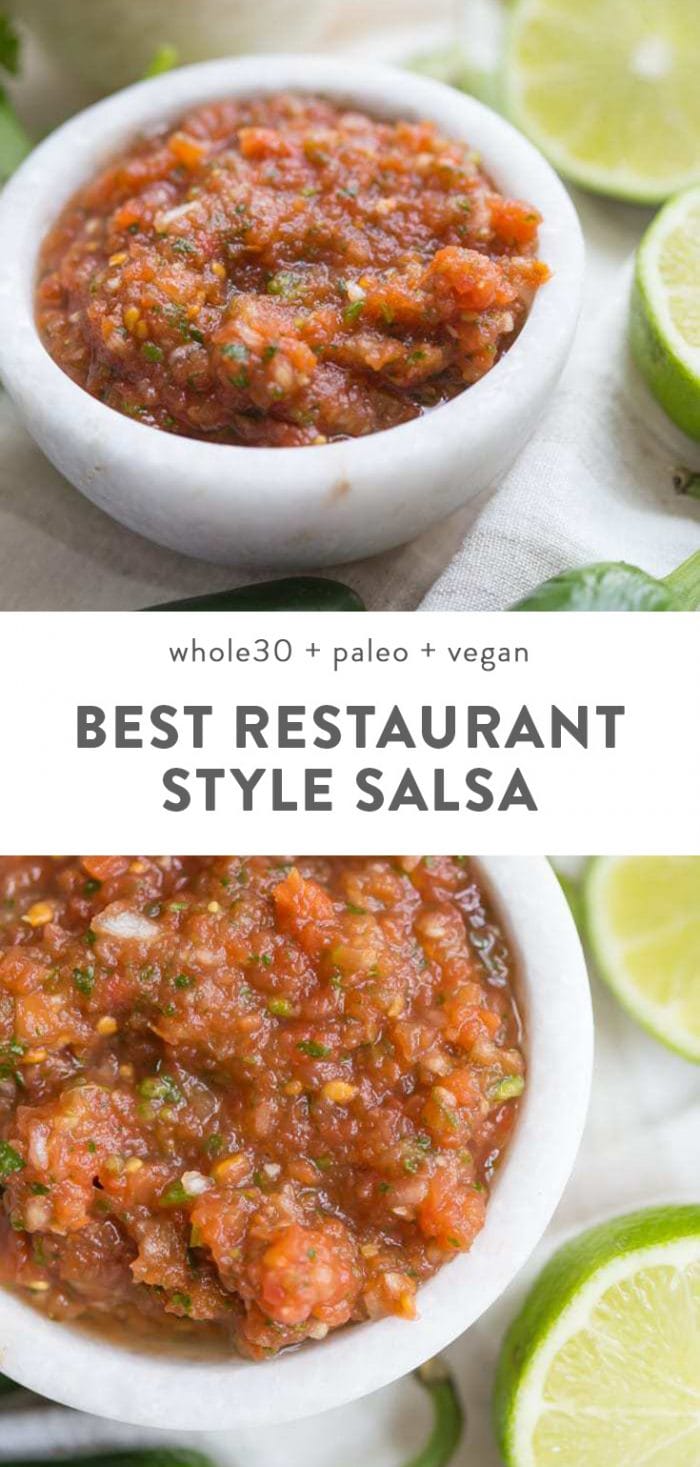 Vegan and whole30 restaurant style salsa in a small marble bowl with tortilla chips.