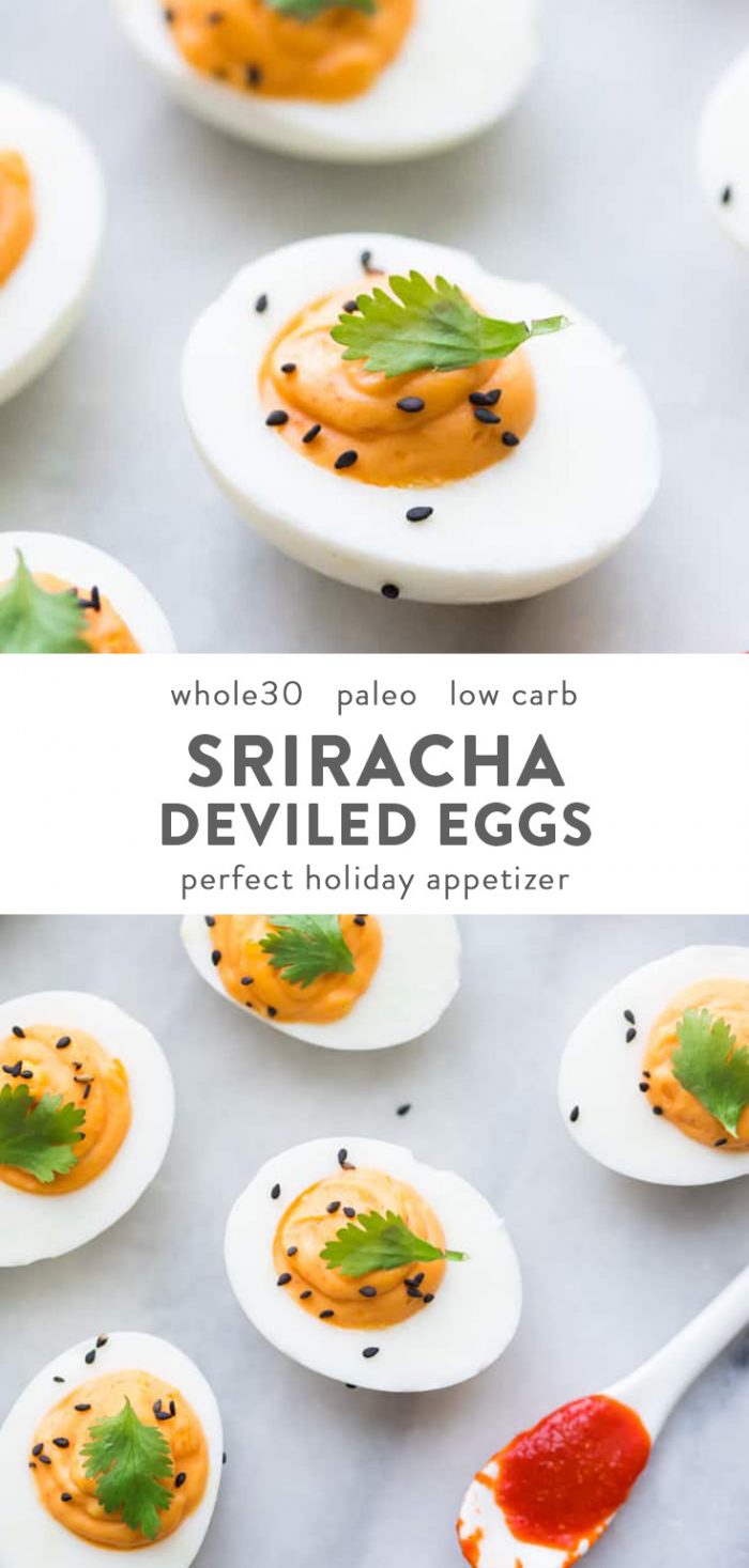 Whole30 sriracha deviled eggs with a spoon of Whole30 sriracha