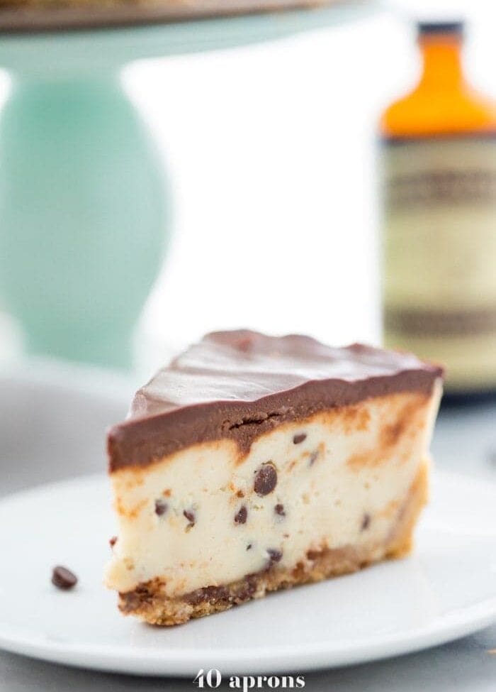 Slice of vegan no bake cookie dough cheesecake on a plate