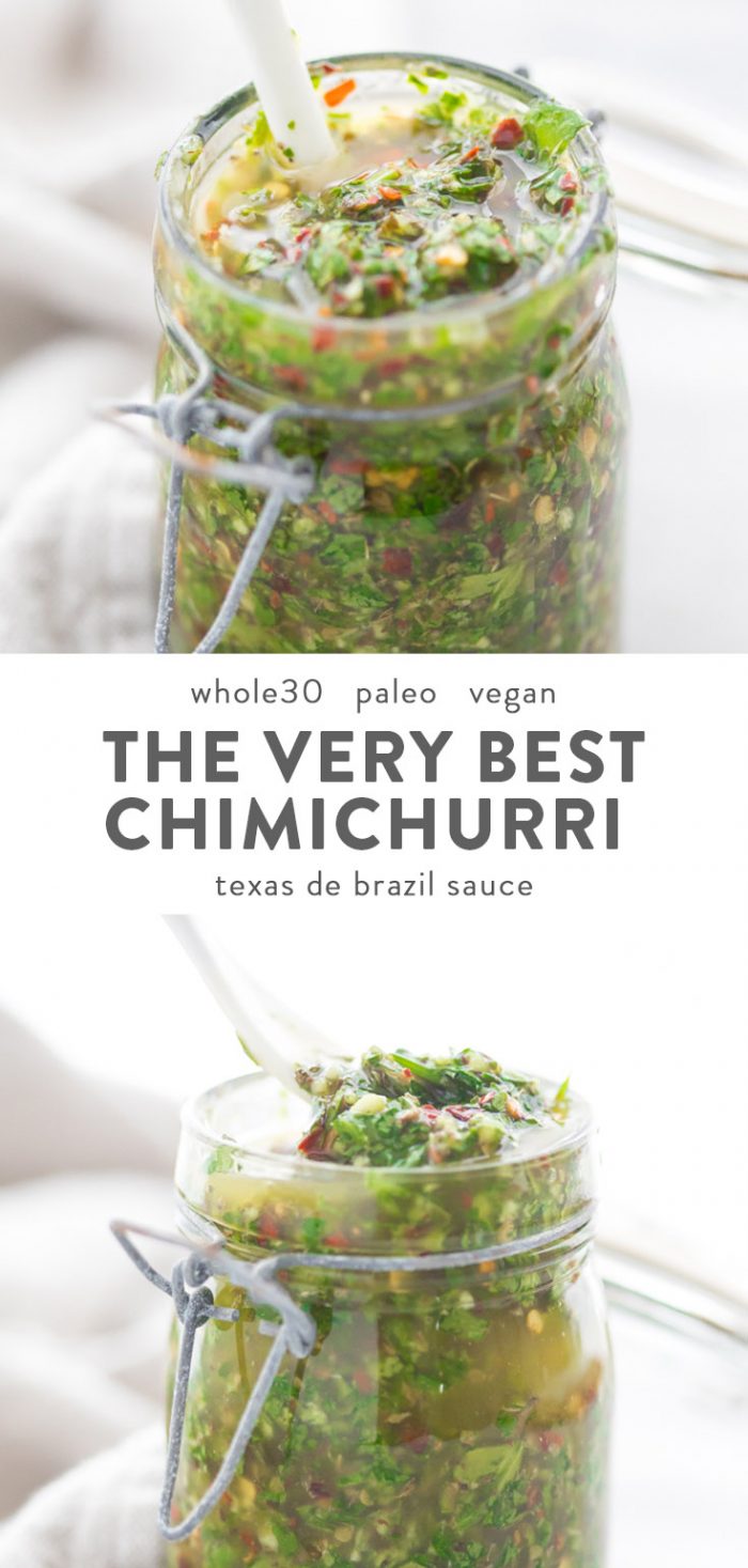 A jar of the best chimichurri sauce recipe with a text overlay