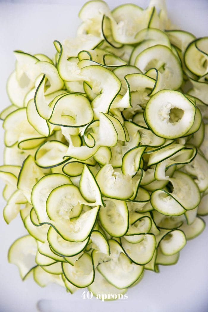 Spiralized zucchini ribbons - zoodles - for Whole30 tuna zoodle casserole