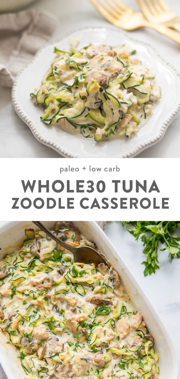 Whole30 tuna zoodle casserole on a plate next to a casserole