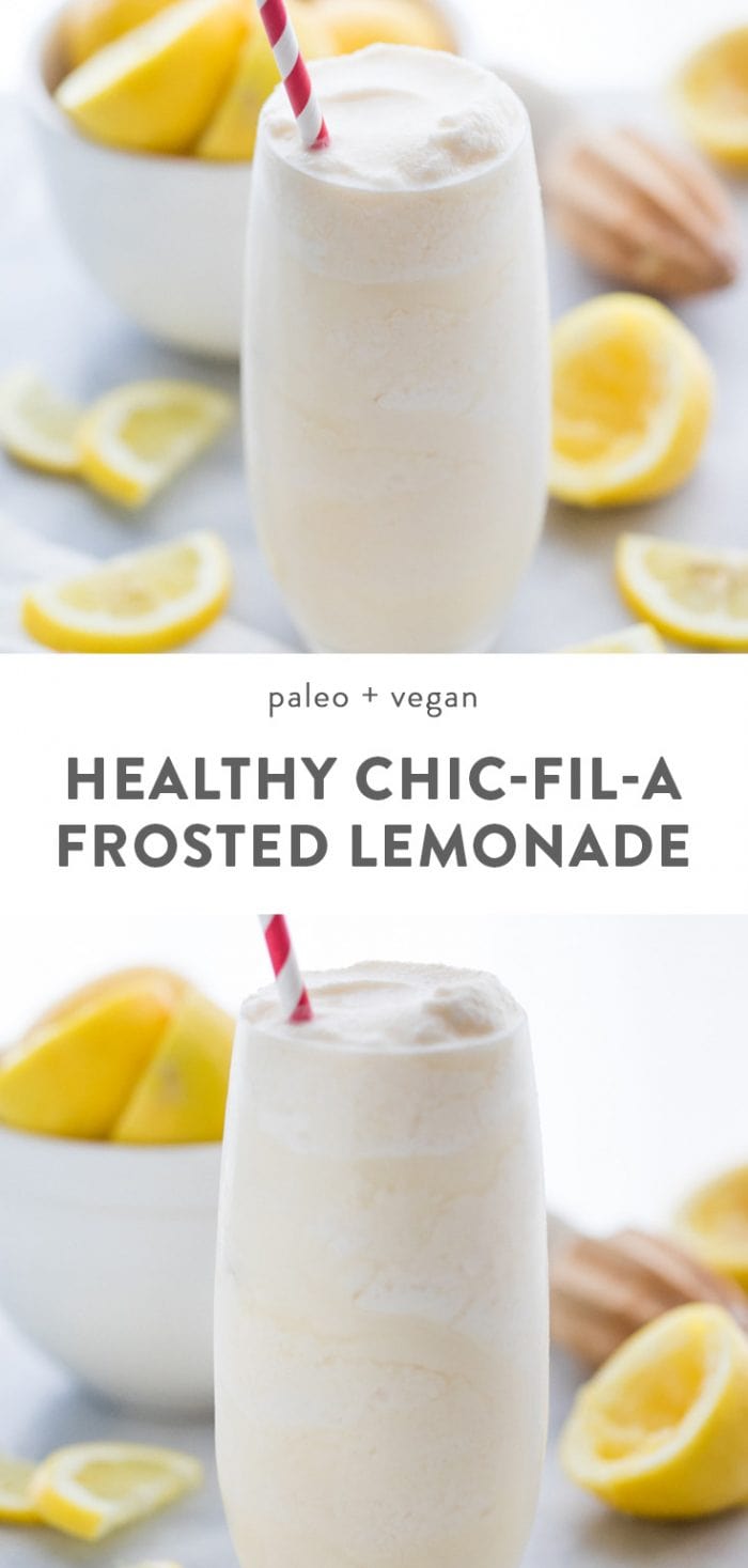 Healthy chic-fil-a copycat frosted lemonade in a tall glass surrounded with fresh lemons.