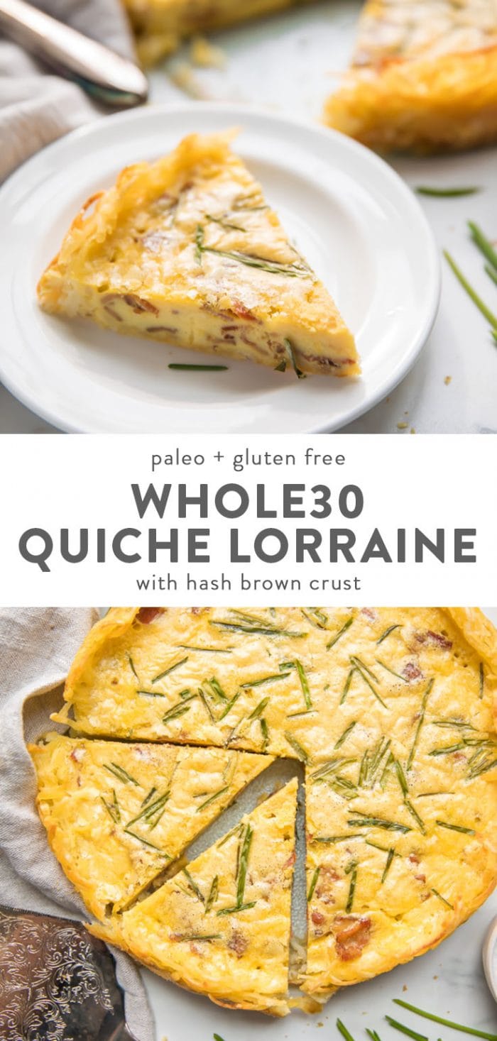 A slice of whole30 quiche lorraine on a plate, and a whole quiche lorraine on a white background.