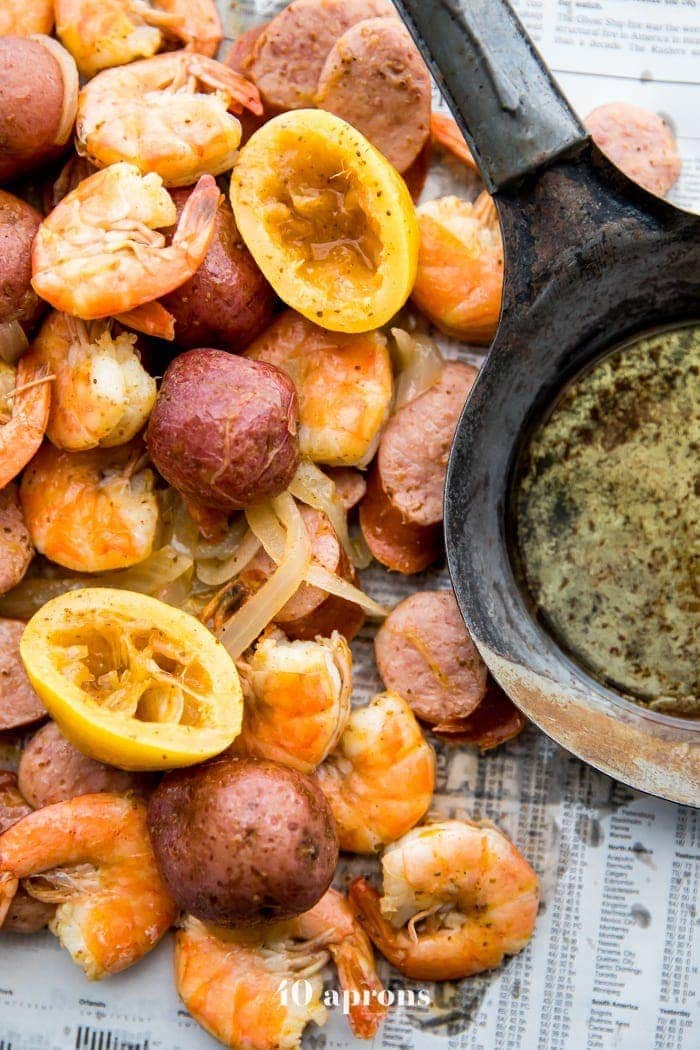 Whole30 Shrimp Boil with Potatoes, Sausage, and Garlic Ghee (Paleo)