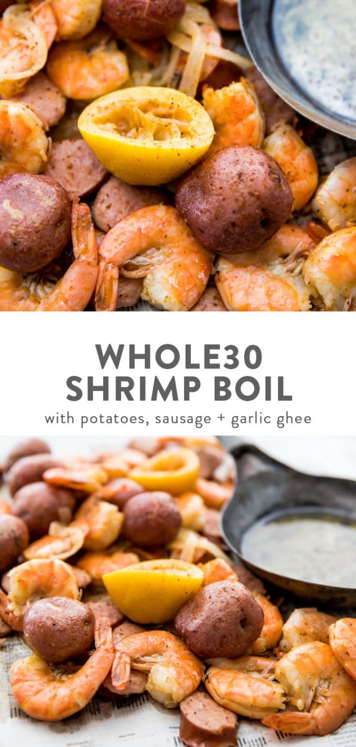 Whole30 shrimp boil with potatoes, lemons, and garlic ghee.