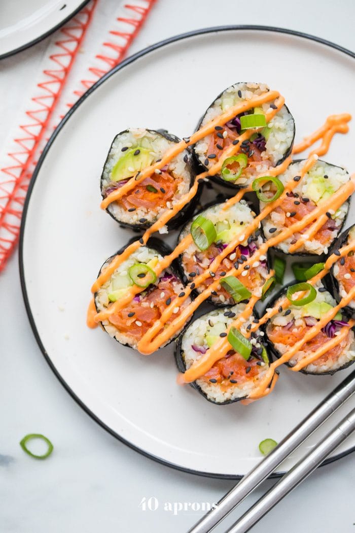 Whole30 sushi spicy salmon roll on a plate