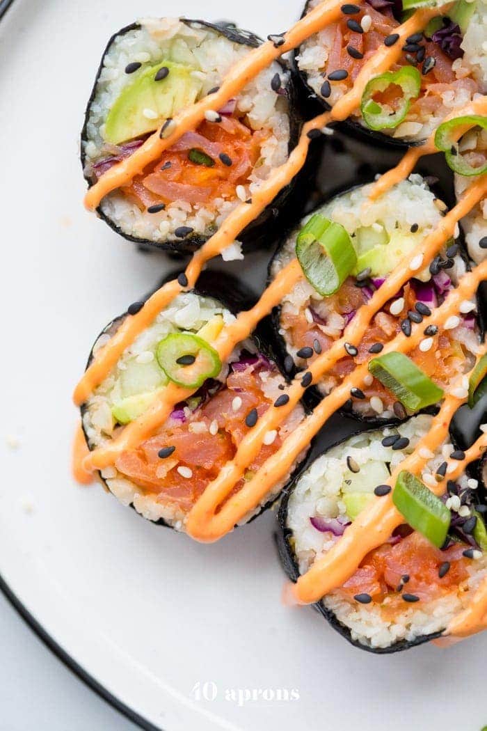 Spicy Salmon Cauliflower Rice Sushi Roll (Whole30) - The Wooden Skillet