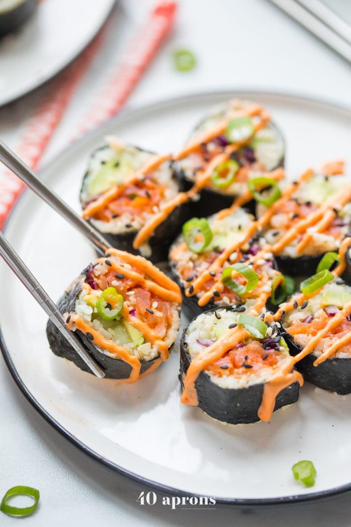Whole30 sushi spicy salmon roll on a plate