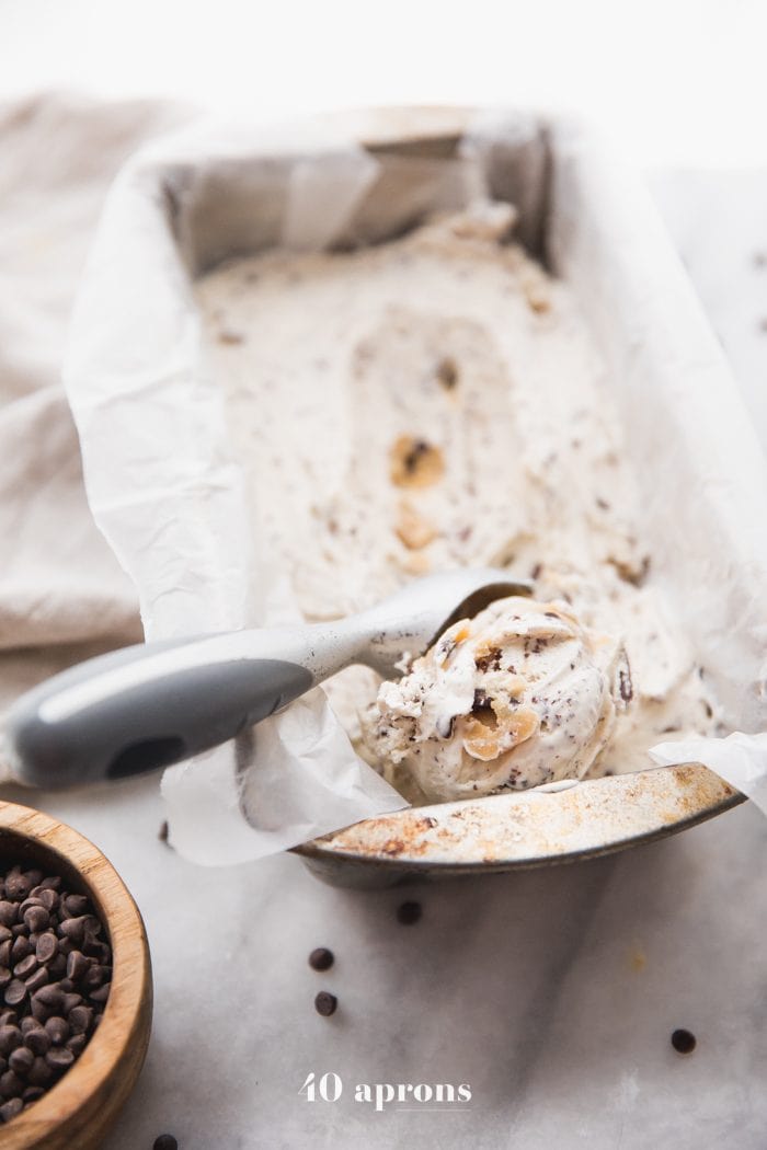 Paleo cookie dough ice cream with a scoop