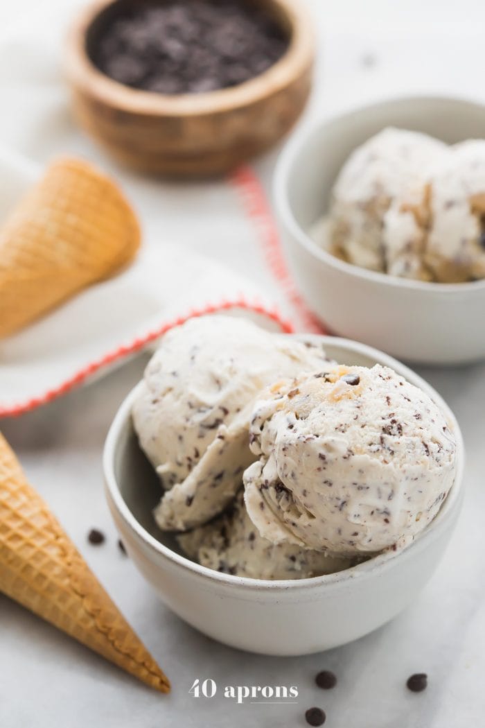 Scoops of paleo cookie dough ice cream in a bowl
