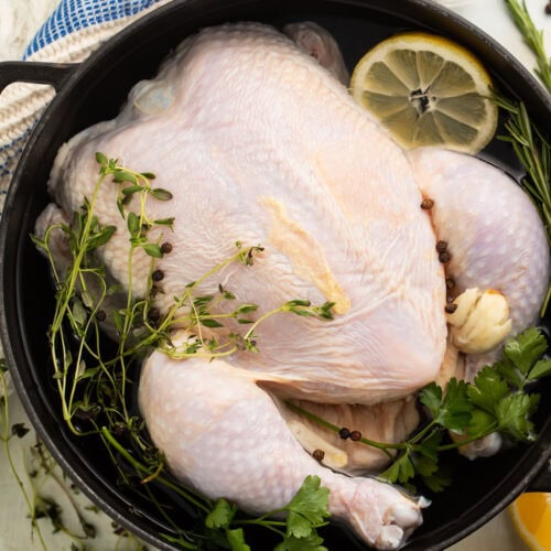 A whole, uncooked chicken in a large pot filled with a quick chicken brine of water, lemon, and herbs.