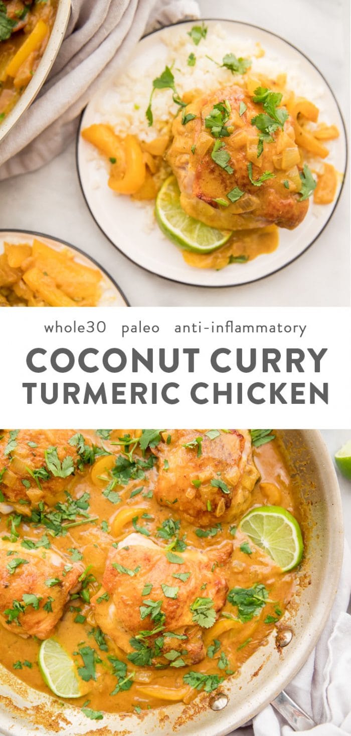 Coconut curry turmeric chicken in a skillet and on a plate with cilantro garnish and a lime to the side