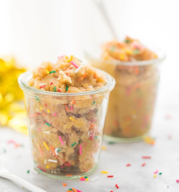 Healthy paleo and vegan birthday cake batter in jars