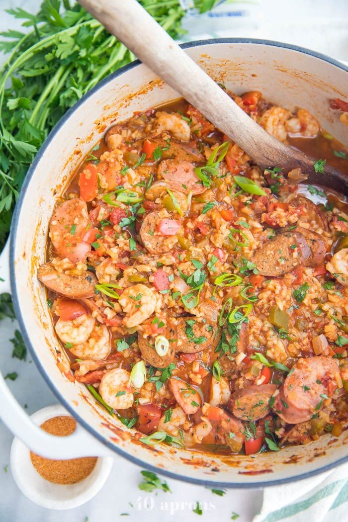 Whole30 healthy jambalaya with cauliflower rice in a Dutch oven