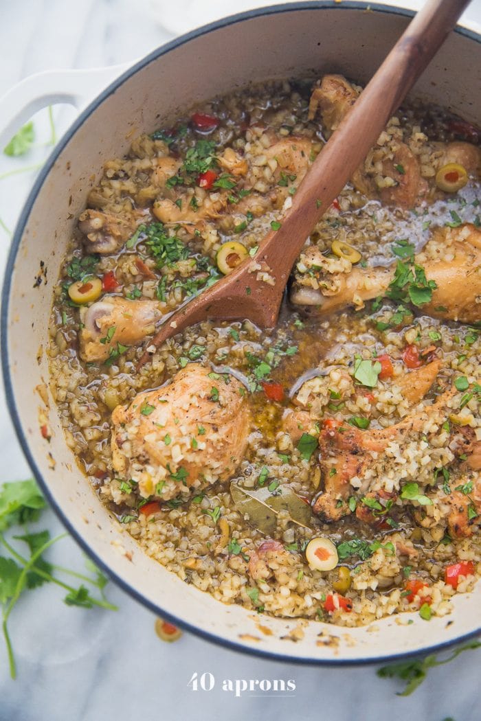 Pot of healthy Spanish chicken and rice stew