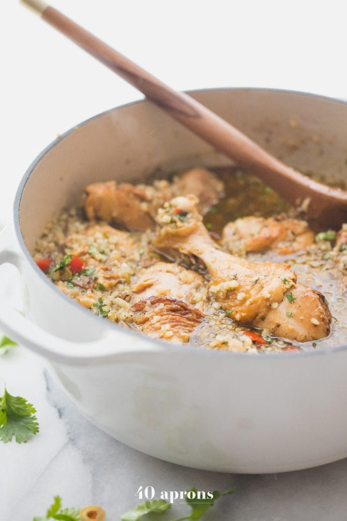 Pot of healthy Spanish chicken and rice stew