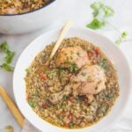 Healthy Spanish chicken and rice stew in a bowl with a pot of the stew next to it