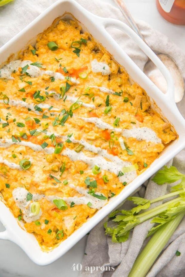 Paleo Buffalo Chicken Casserole with Ranch and Cauliflower Rice (Whole30, Low Carb)