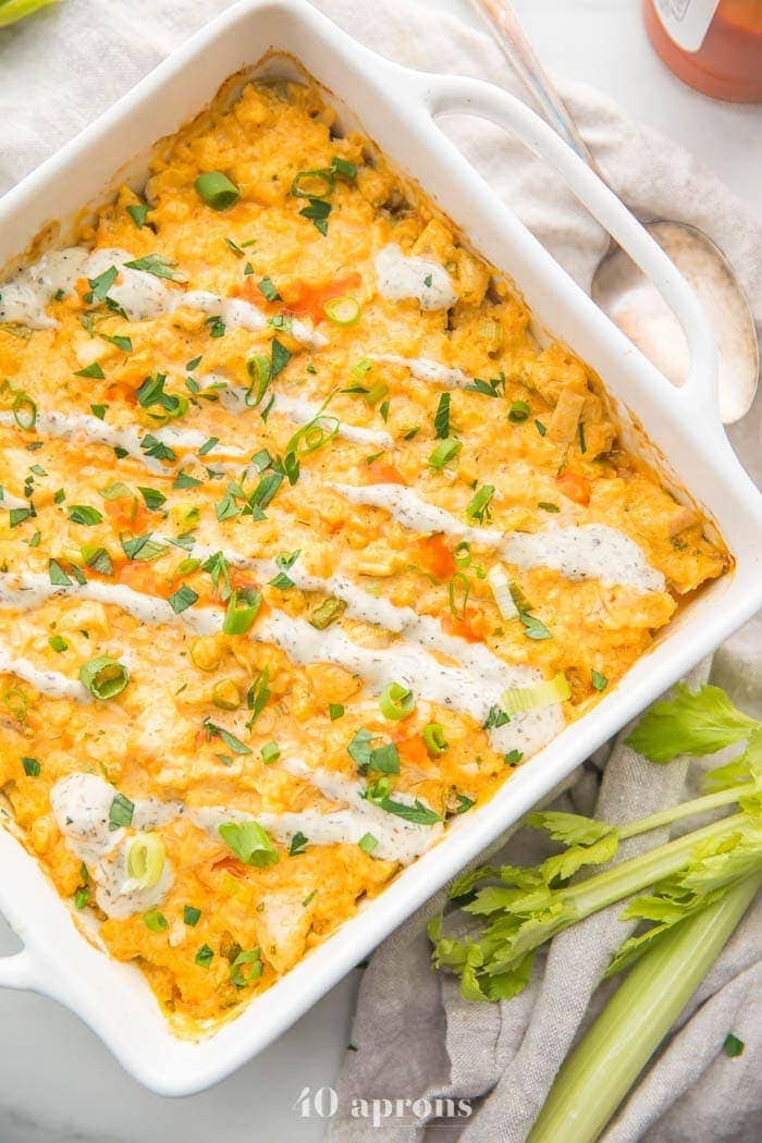 Paleo Buffalo Chicken Casserole With Ranch And Cauliflower Rice Whole30 Low Carb 40 Aprons