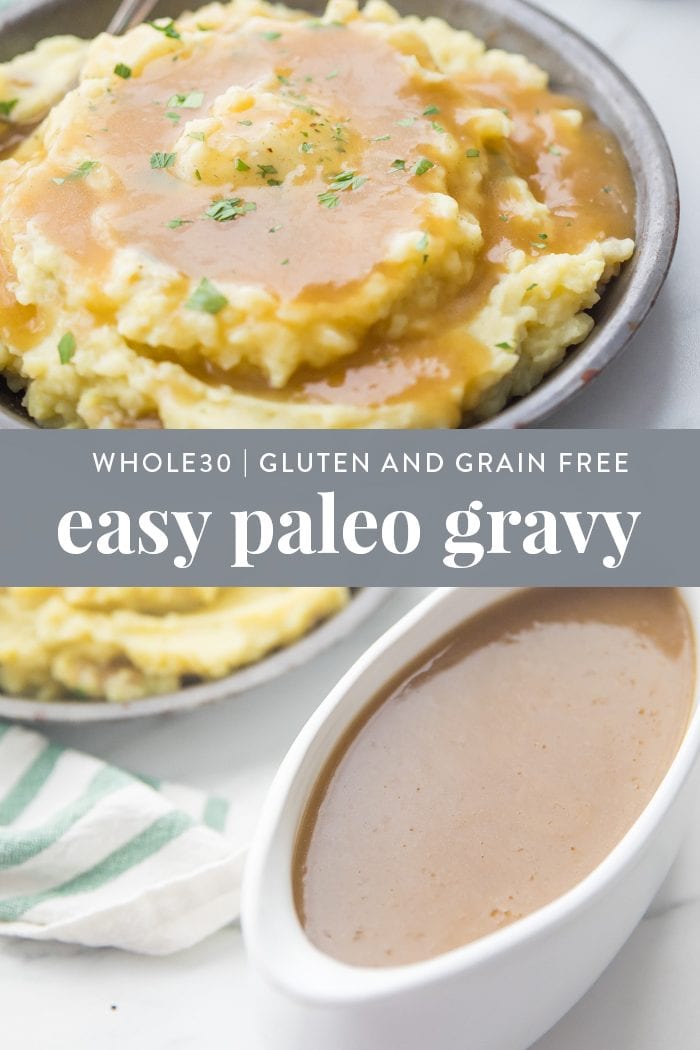 a gravy boat with paleo gravy next to a bowl with mashed potatoes smothered in gravy