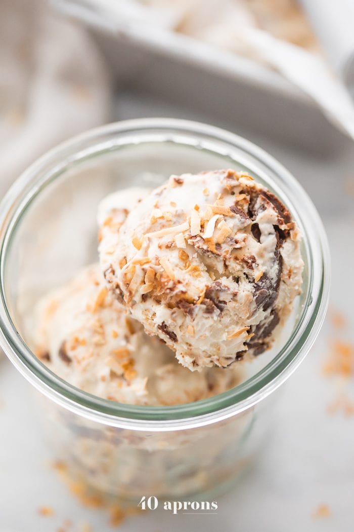 Scoops of Samoas cookies ice cream in a jar