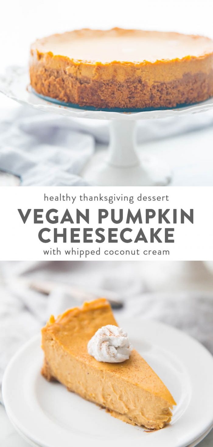 Vegan pumpkin cheesecake with whipped coconut cream on a plate with a fork cutting into it