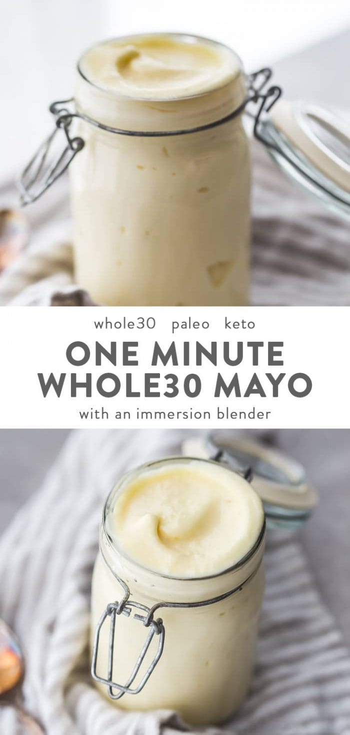 a jar of Whole30 mayo made with an immersion blender.