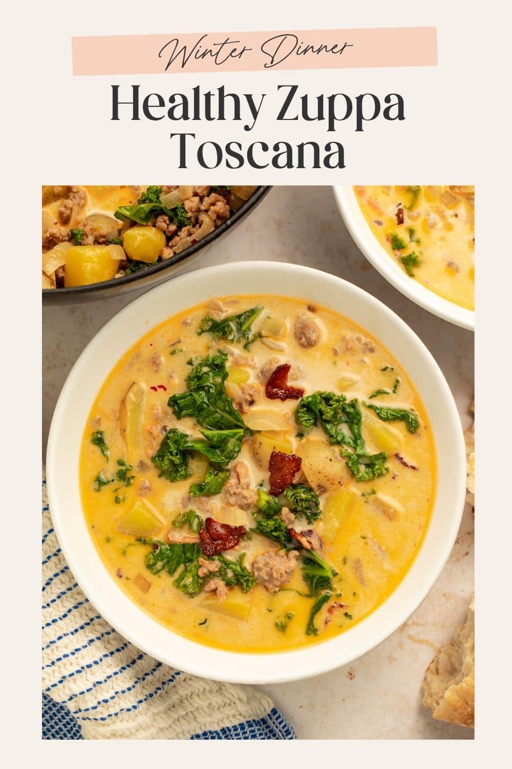 Overhead image of a white bowl of creamy soup with spinach and bacon. There is a frame on the image with Pinterest-optimised text.