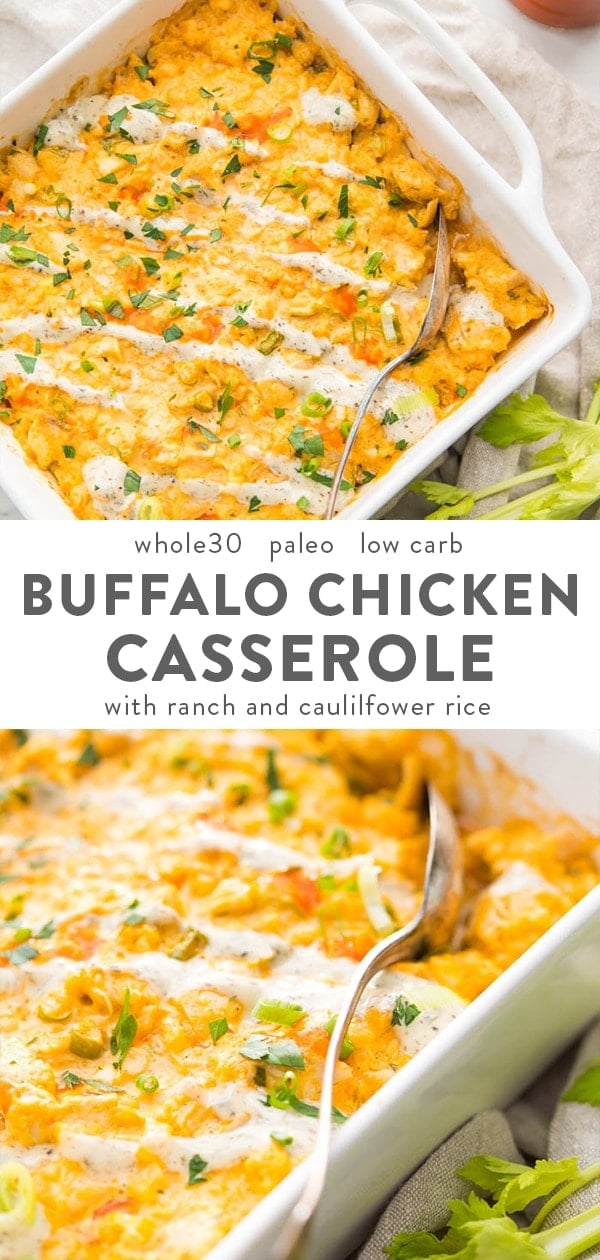 Paleo Buffalo Chicken Casserole with Ranch and Cauliflower Rice (Whole30, Low Carb) Pinterest image