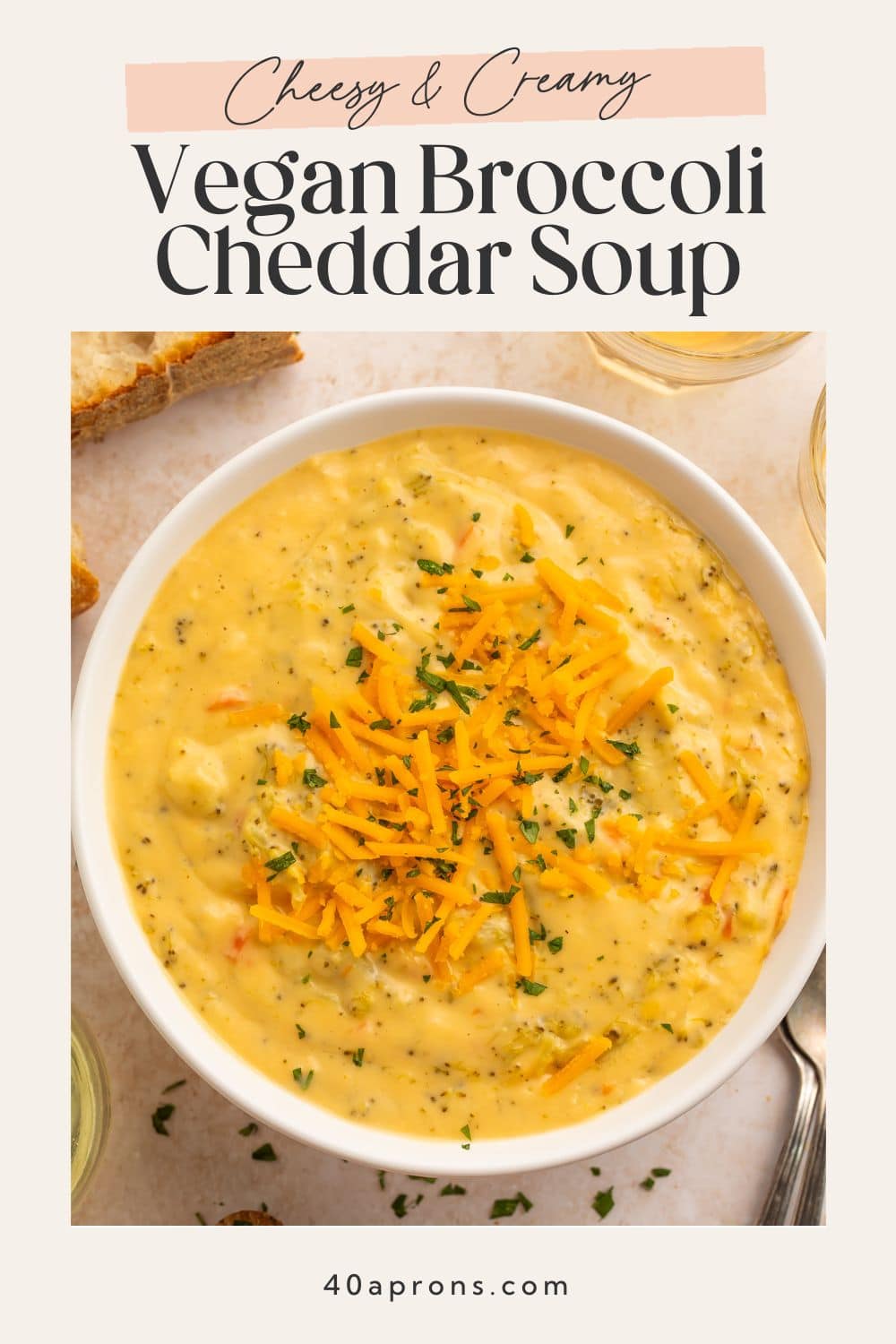 Pinterest pin for cheesy creamy vegan broccoli cheddar soup recipe